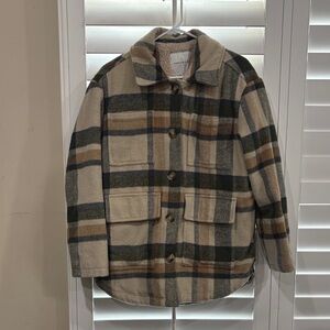 American Eagle Outfitters Plaid Teddy Jacket - Cream, Green, Brown